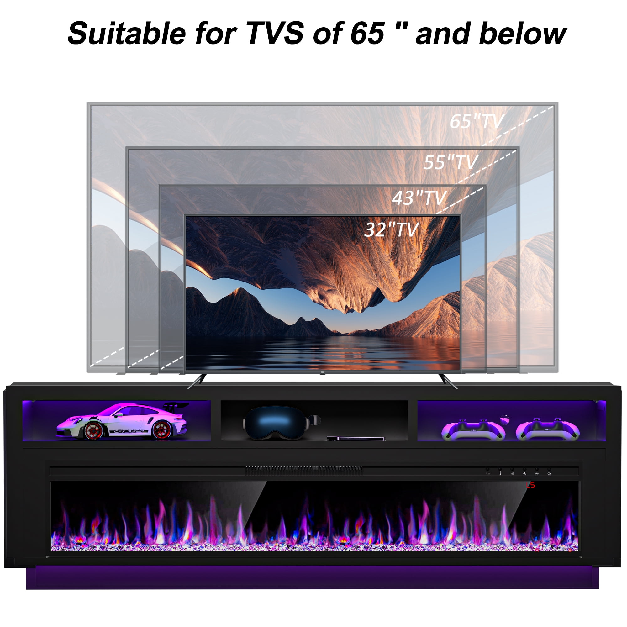 HARIPUL 58'' Fireplace TV Stand w/ LED Light & Storage Cabinet, Electric Fireplace for TVs up to 65 inches, Black
