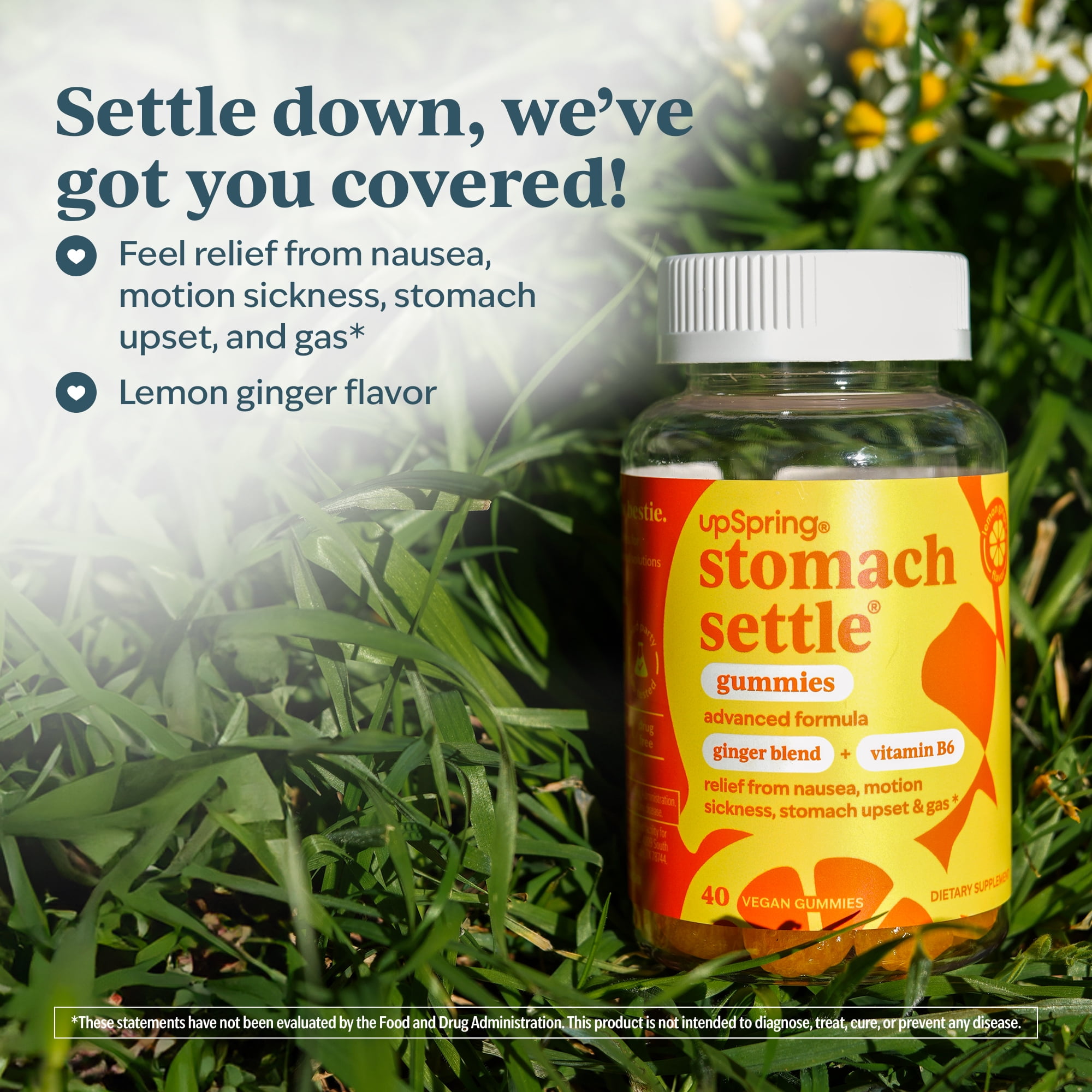 UpSpring Stomach Settle Gummies, with Vitamin B6, Lemon Ginger Flavor, 40 Count