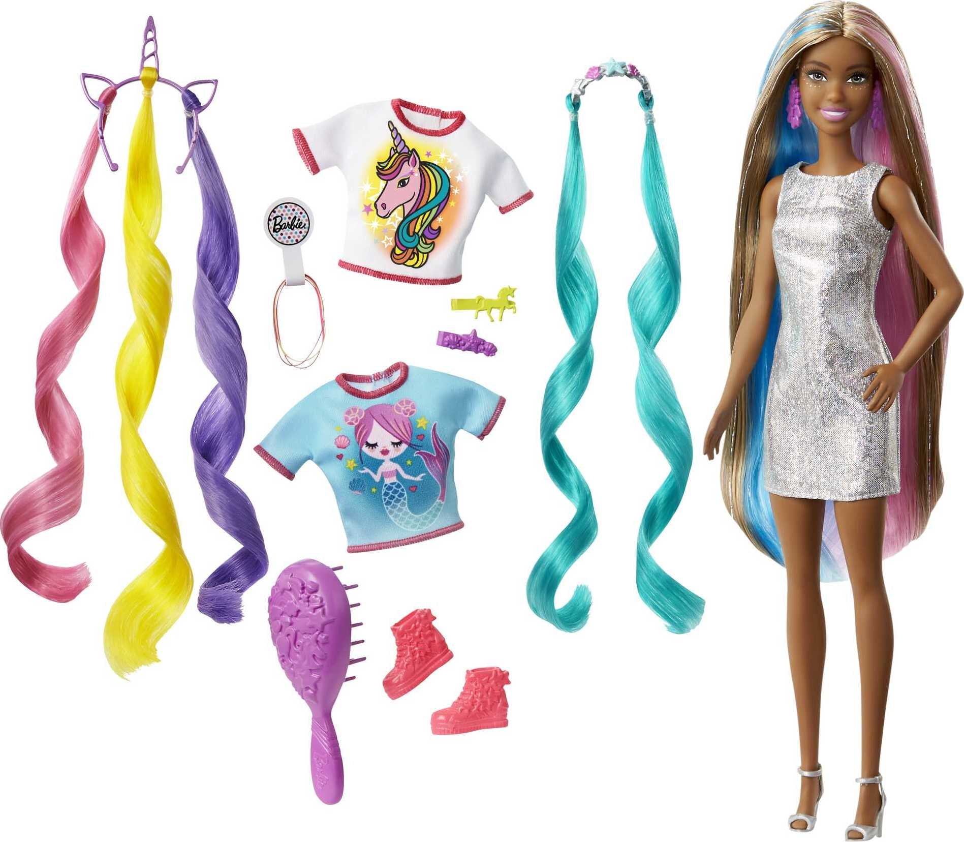 Barbie Fantasy Hair Doll, Brunette, with 2 Decorated Crowns, 2 Tops & Accessories for Mermaid and Unicorn Looks, Plus Hairstyling Pieces, for Kids 3 to 7 Years Old