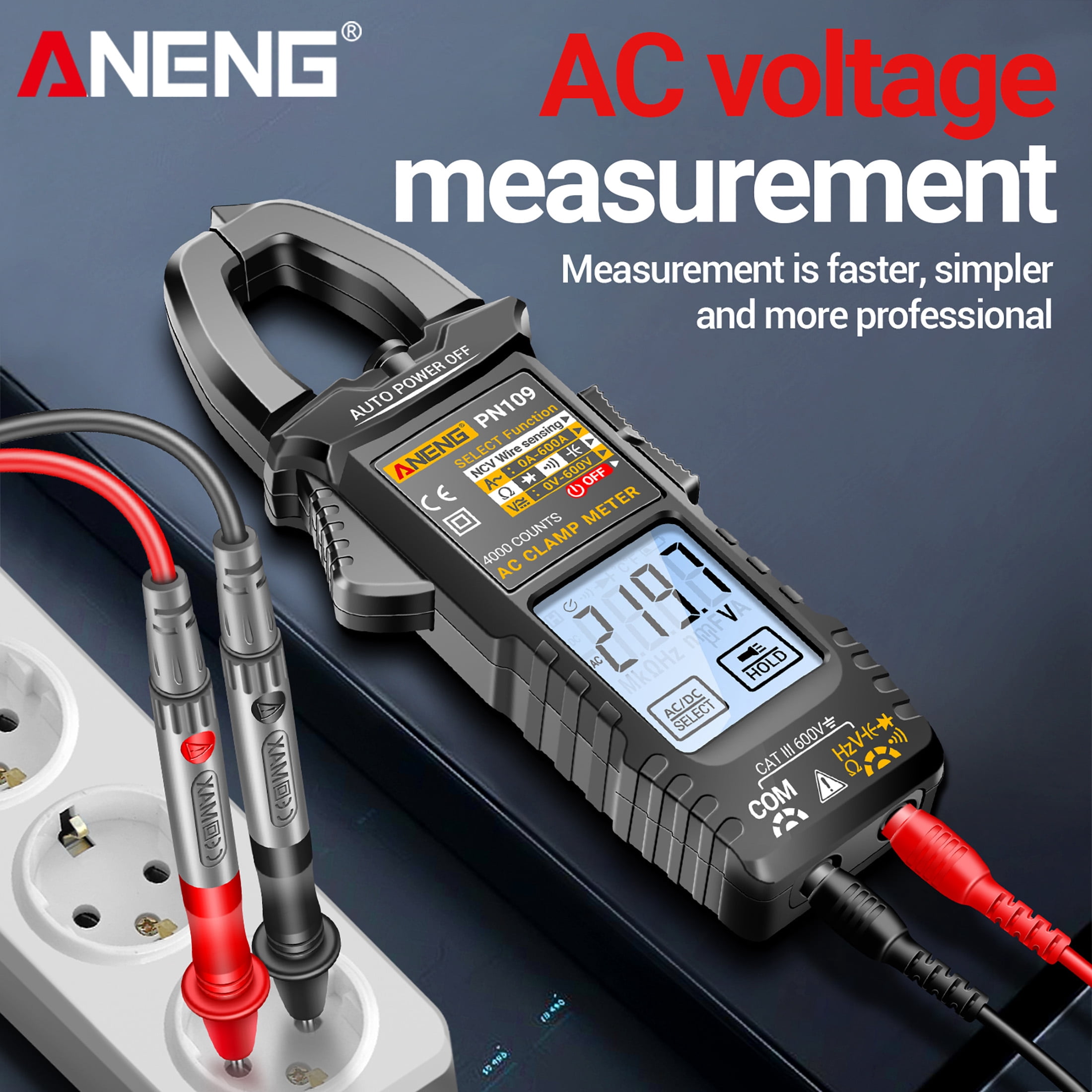 ANENG Smart Touch Clamp Meter Digital Multimeter PN109 600A AC Current 600V AC/DC Voltage NCV Detection 4000 Counts Auto-Off