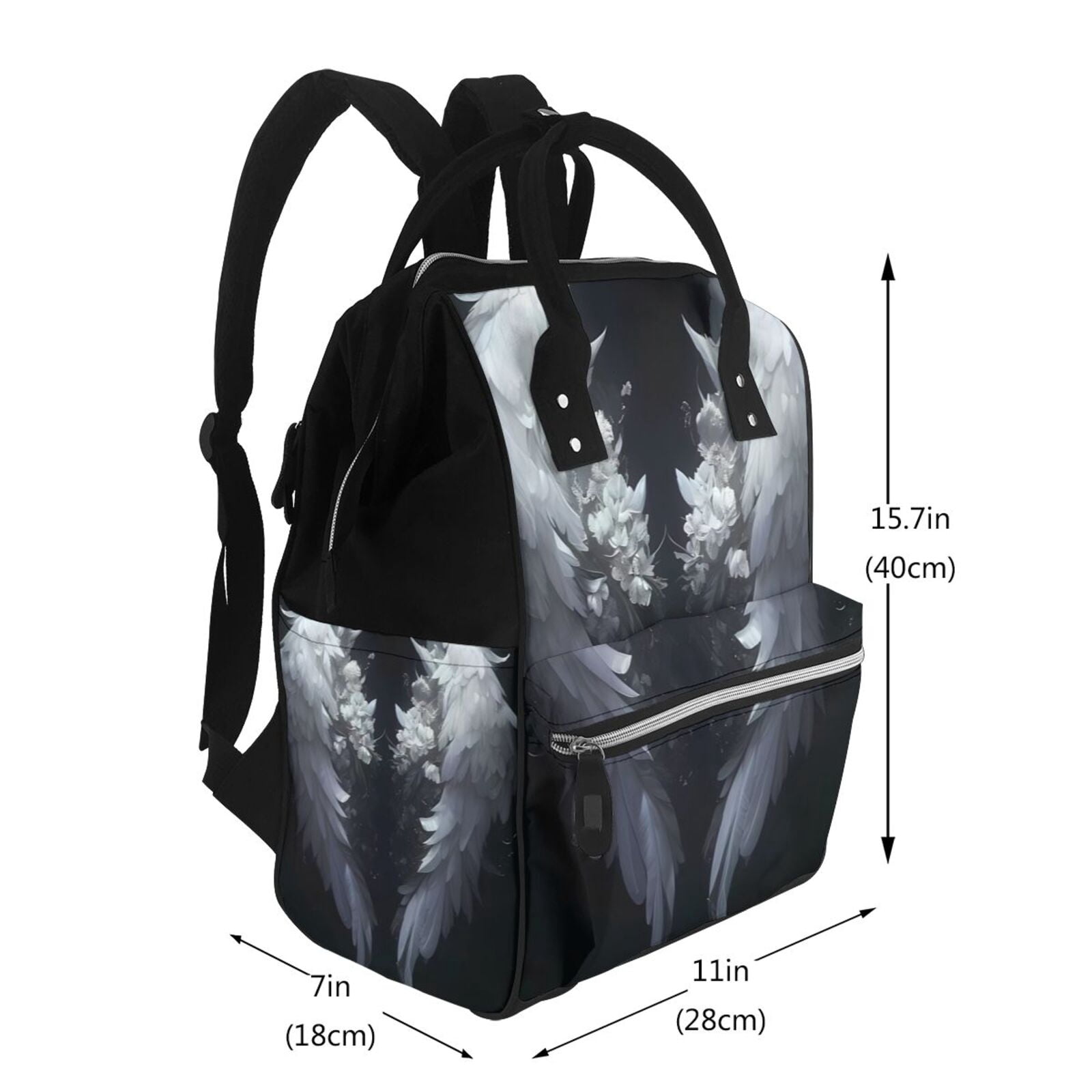Ratiio Elegant Feathered Floral Wings Mummy Backpack - Waterproof Twill Canvas, Large Capacity Diaper Bag with Multiple Pockets and Adjustable Straps