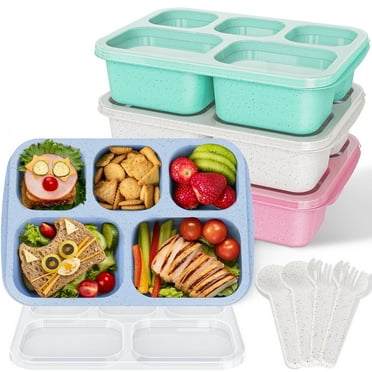 Scidweet Bento Lunch Boxes, 4 Pack Bento Box, Reusable Wheat Lunch Box with 5 Compartments Meal Prep Containers for Adults, Snack Containers with Transparent Lids