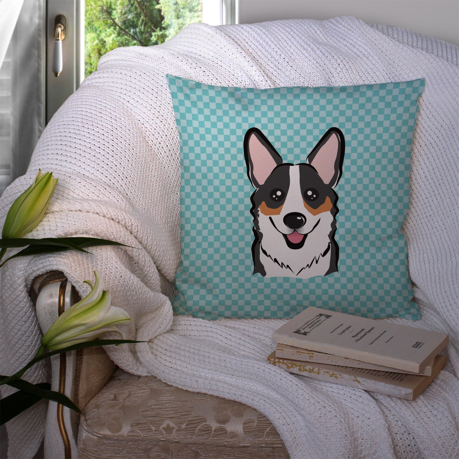 Checkerboard Blue Corgi Fabric Decorative Pillow