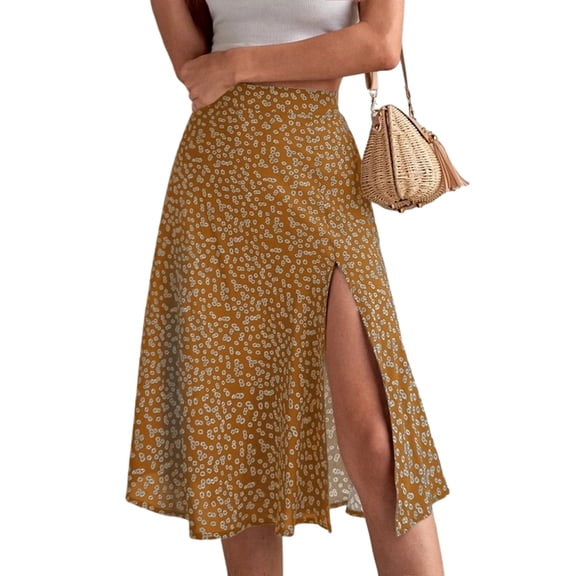 Women'S Summer High Waisted Flowy Slit Midi Skirts Casual Boho Floral Beach Skirt Yellow XL