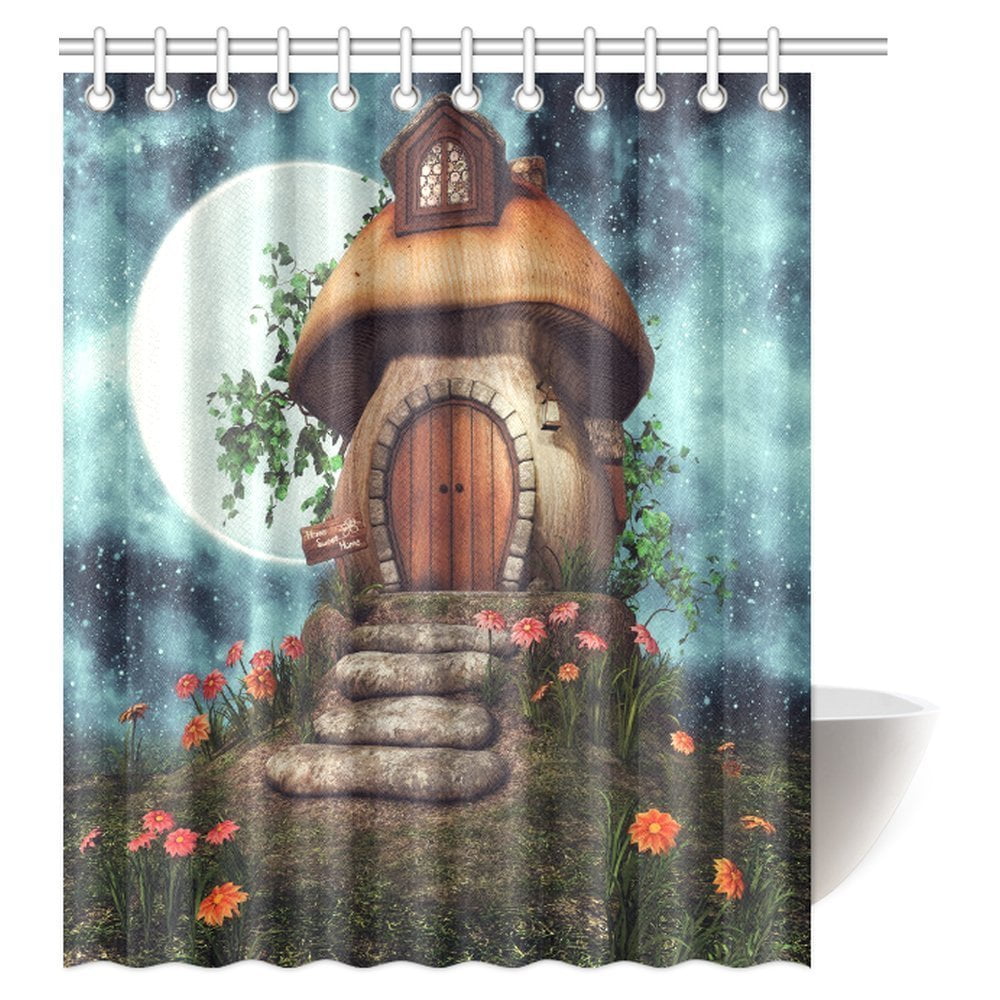 Mypop Mushroom Shower Curtain Decor Alone Fantasy House In Mypop Mushroom Shower Curtain Decor Alone Fantasy House In Forest Cottage With Flowers And Ivy At Night Fabric Bathroom Hooks