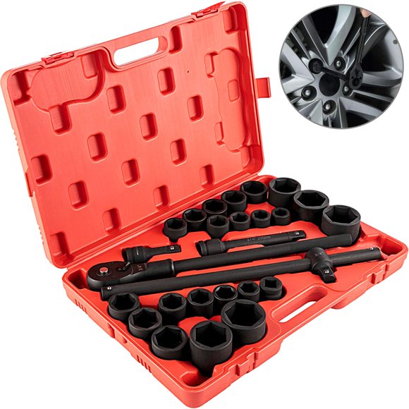 VEVOR Impact Socket Set 3/4 Inches Socket Assortment Drive Socket Set Impact Standard SAE (7/8 Inches to 2 Inches) & Metric Sizes (22 mm-50 mm) 27 Piece Standard Impact Sockets