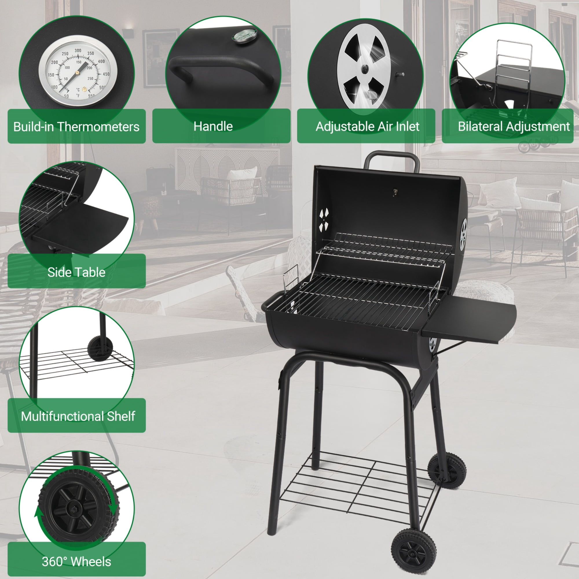 Barrel Charcoal Grill with Side Table & Wheels, 34" Outdoor BBQ Grill for Backyard Camping Picnics Pit Patio and Parties Cooking, Easy Assembly, Black
