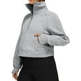 thumbnail image 3 of Seyurigaoka Womens High Stand Collar Pullovers Tops Long Sleeve Solid Color Half Zip Front Big Pocket Cropped Sweatshirts Streetwear, 3 of 5