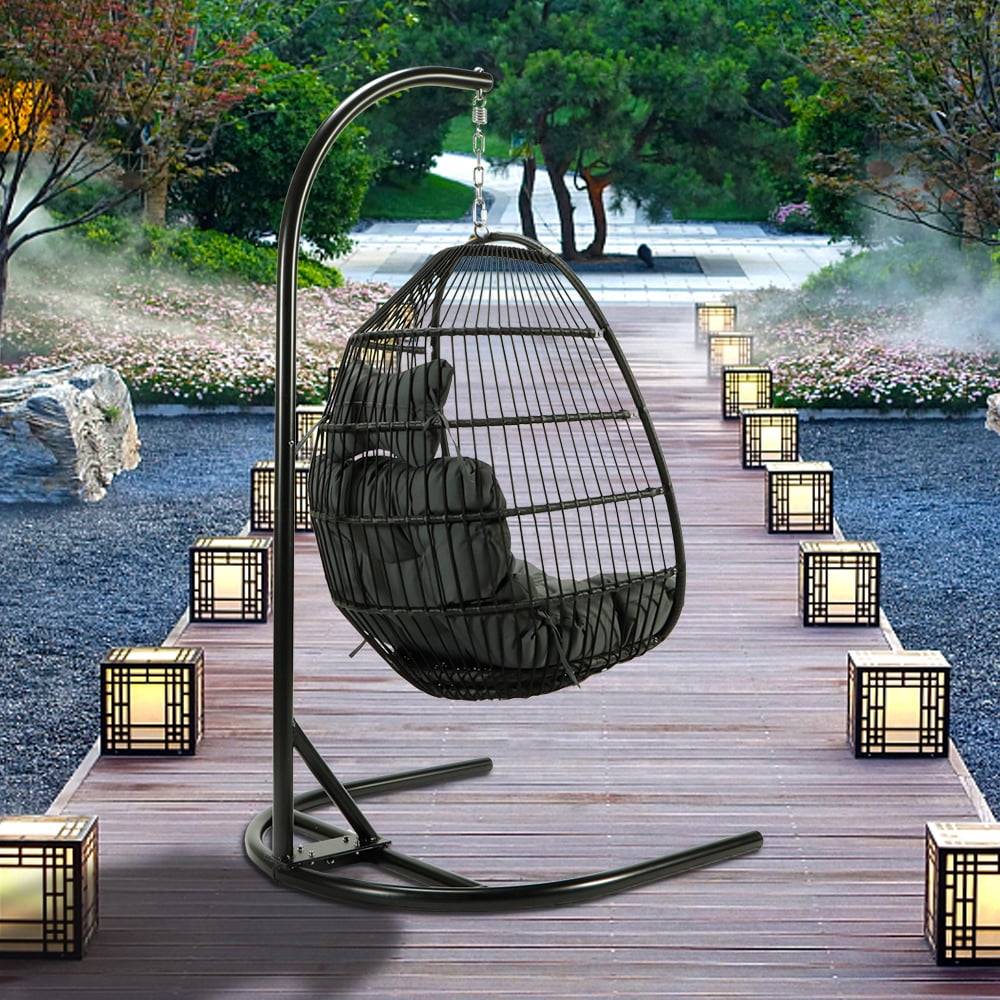 uhomepro Resin Wicker Hanging Egg Chair with Cushion and Stand UV