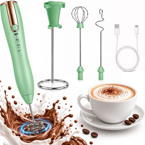 GAZILY® Rechargeable Milk Frother Handheld with Stand, 3-Speed Coffee Frother Wand, USB-C Drink Mixer with 3 Interchangeable 304 Stainless Steel Whisks for Eggs & Protein Powder, Green