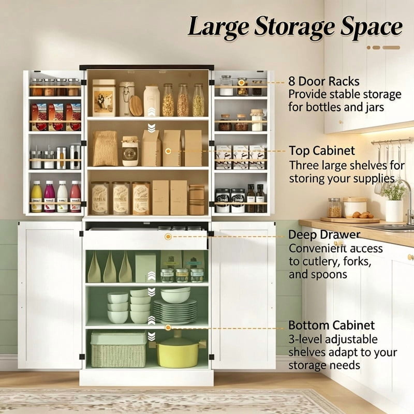 Farmhouse Style Storage Cabinet with Side Rack, Home Bar Sideboard Organizer, Kitchen Pantry Cabinet with Adjustable Shelf