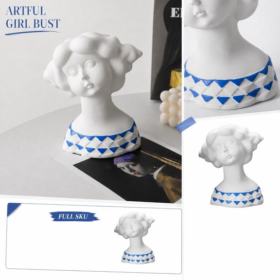 Home Decor Living Room, Decor for Bedroom, Blue Decorations, Table Decor, 6X6X2 Inch Glossy Girl Bust Ceramic Figurine, Creative Standalone Accent for Countertop, Coffee Table,