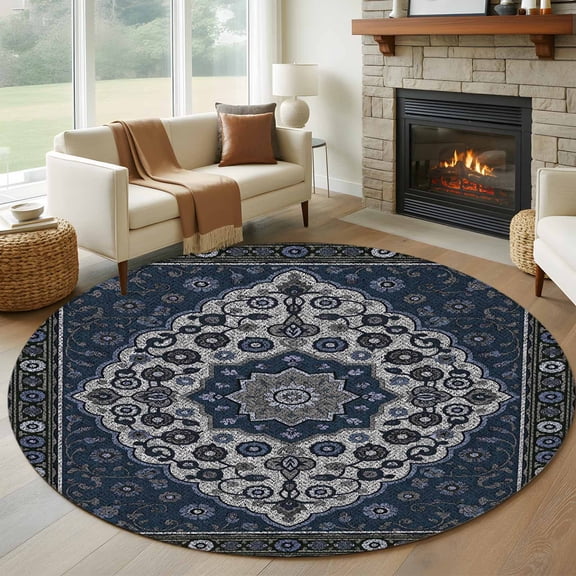 Boho Southwest Round Rug 5ft Washable Circle Kitchen Rugs Non Slip Blue Gray Ethnic Aztec Abstract Pattern Large Area Rug Indoor Floor Carpet for Bedroom Living Room Home Office Dining Room Nursery
