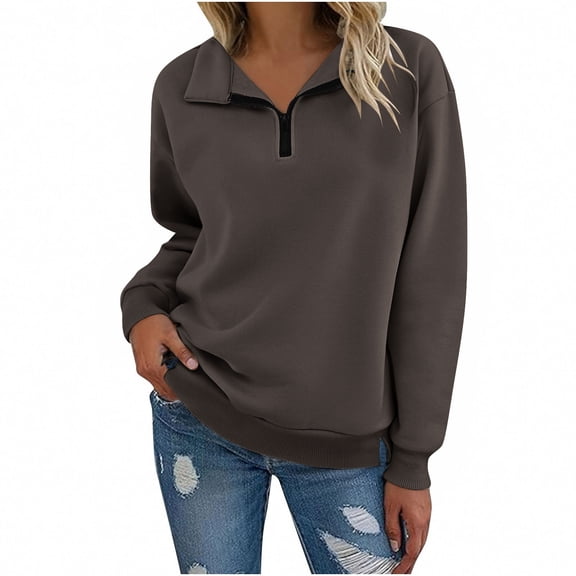 Edvintorg Womens Sweatshirt Long Sleeve Half Zip Pullover Tops Fashion Turndown Collar Casual Loose Sweatshirts Clothes for Women Brown L