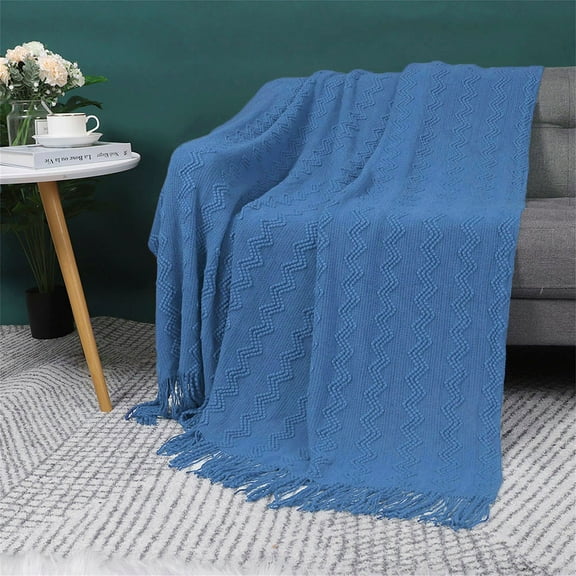 PiccoCasa Soft Tassel Throw Blanket,100% Arcylic Decorative Knitted Blanket 50x60 inch, Azure