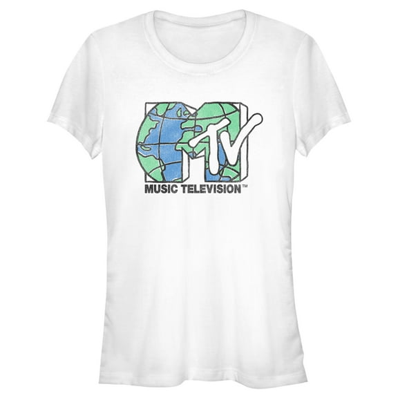 Junior's MTV Distressed Earth Day Logo Graphic Tee White Small