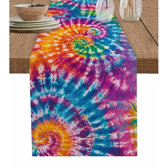 Colorful Burlap Cotton Table Runner 18x72 Inches Long, Ethnic Modern Abstract Watercolor Tie-Dye Farmhouse Table Runners, Outdoor Dining Tablecloths Decor for Baby Shower/Party/Wedding