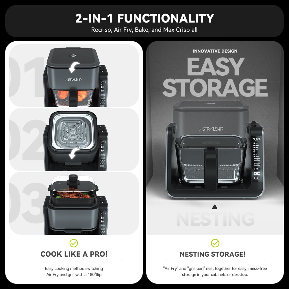 ASTRALSHIP Air Fryer for Countertop, 2‑in‑1 Glass Air Fryer & Grill Pan Combo, 4.2 QT + 1.3 QT, Air Fryer Non Toxic, Digital Presets, Healthy Cooking, Non‑Stick, Multi‑Function for Griddle & Baking
