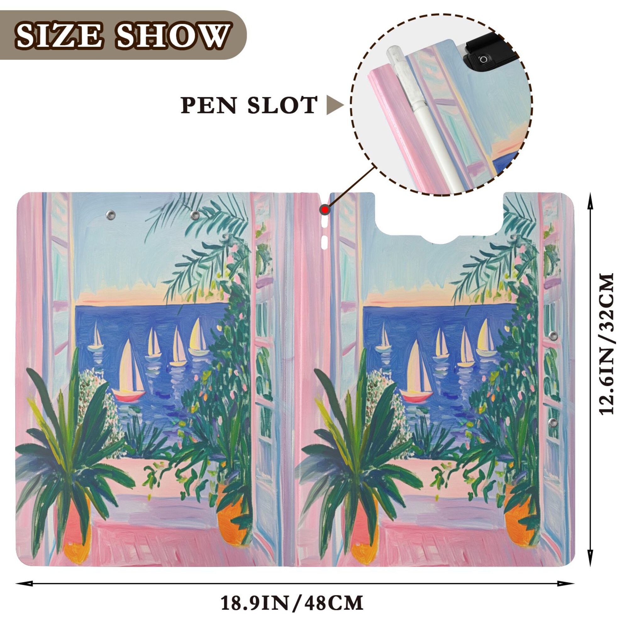 FORMRS A4 Clipboard Folder with Pen Holder Horizontal Foldable School Office Binder, Boat Seaside