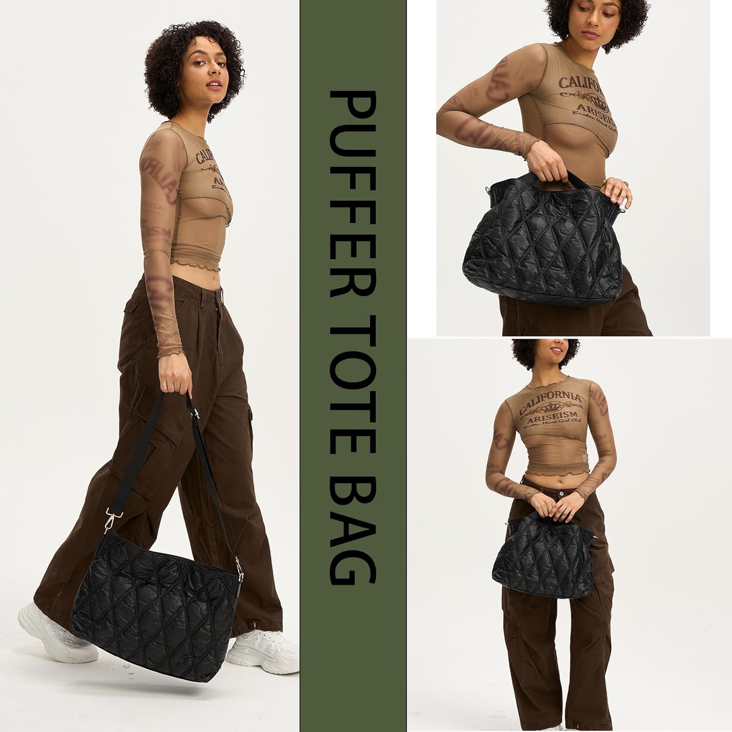 Quilted Tote Bag for Women, Soft Puffer Bag Lightweight Trendy Crossbody Bags Purse with Long Shoulder Strap