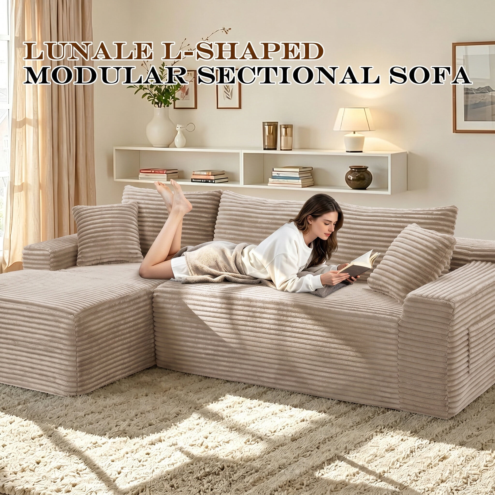 Lunale Small Modular Sectional Sofa with Movable Chaise, L-Shaped Boneless Cloud Couch for Living Room, Camel (Left Facing Chaise)