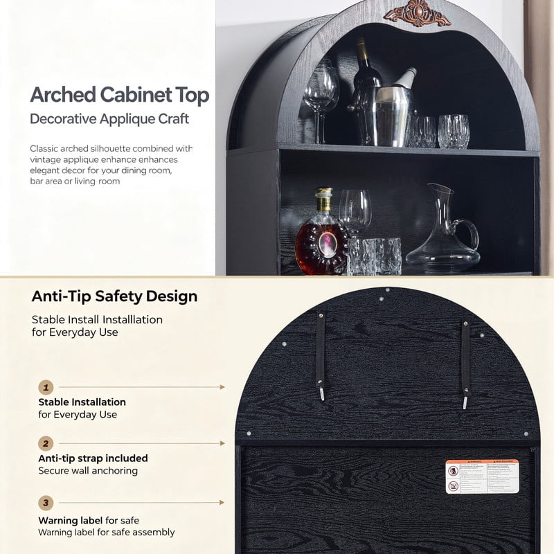 Arched Bar Wine Storage Liquor Cabinet with Removable Wine Grid, Freestanding Bookcase with Adjustable Shelves