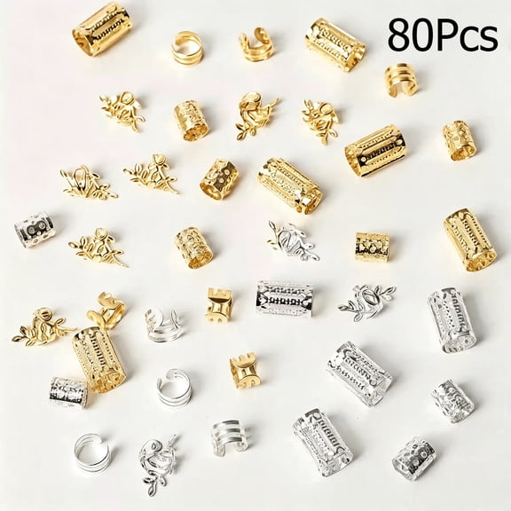 80Pcs Mixed Braid Hair Clips, Gold and Silver Metal Dreadlock Cuffs Hair Accessories Hair Clips
