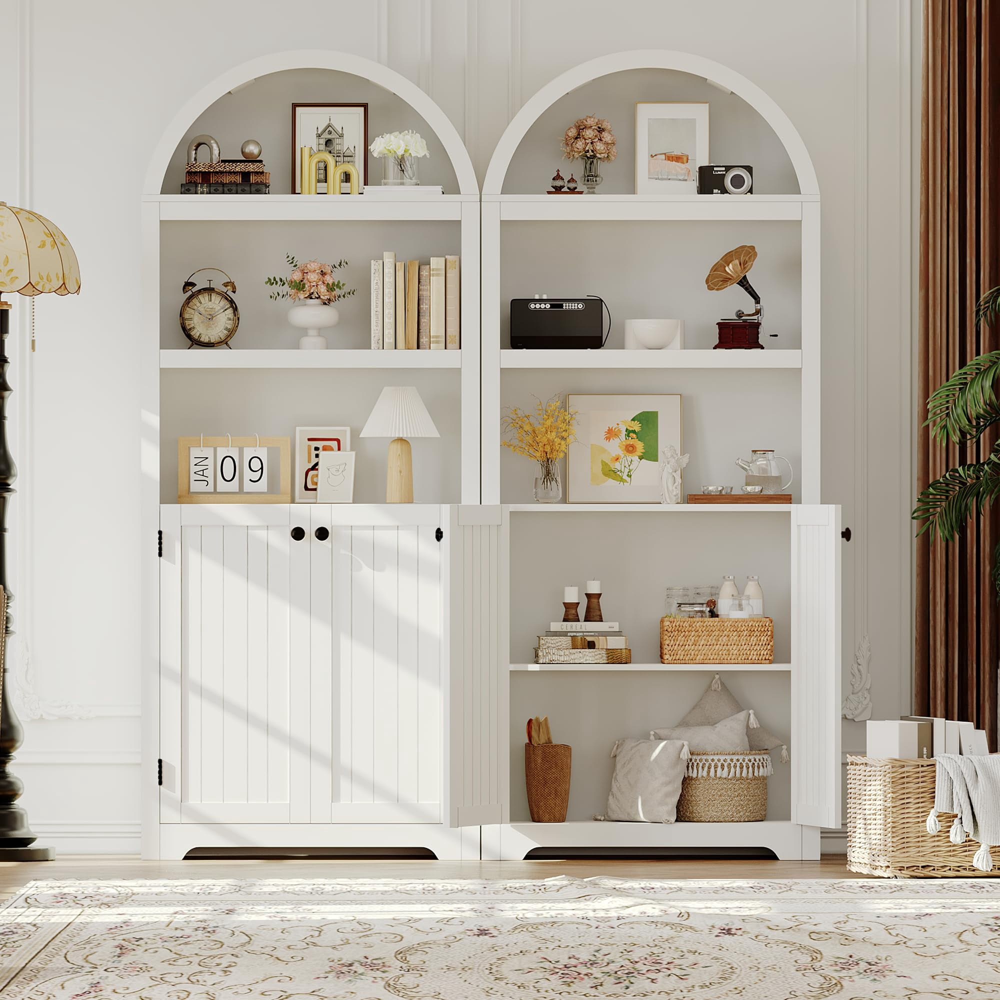 Kojooin 71.6" Tall Arched Storage Cabinet, 5 Tier Wooden Pantry Cabinet with Doors and Adjustable Shelves, Home Office Arch Book Shelf Storage Organizer for Living Room, Bedroom