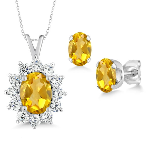 Gem Stone King 2.34 Ct Oval Yellow Citrine 925 Sterling Silver Pendant and Earrings Jewelry Set
