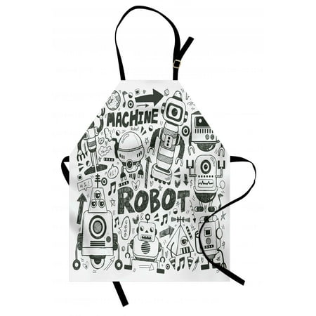 Robot Apron Futuristic Space Doodle Style Androids Sci Fi Pattern Fantasy Machine Art Print, Unisex Kitchen Bib Apron with Adjustable Neck for Cooking Baking Gardening, Grey Pale Grey, by