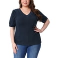 thumbnail image 1 of Blusas de punto casuales de manga corta con cuello en V para mujeres de tallas grandes Agnes Orinda 2X azul marino, 1 of 6