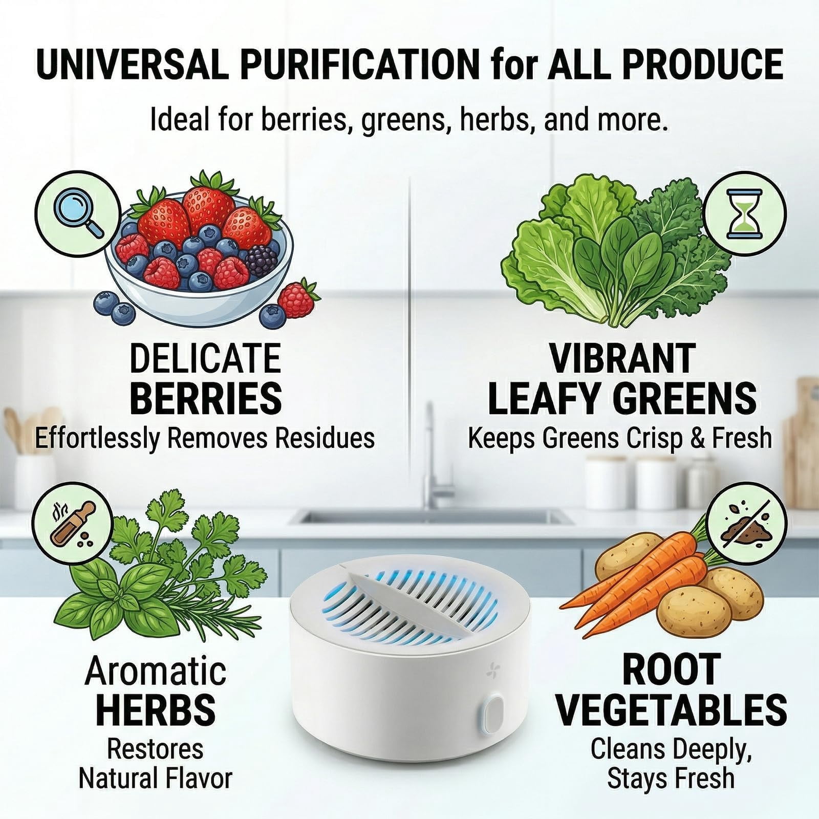 Puribreeze Produce Cleaner, Hydroxyl Ion Fruit & Vegetable Washer,  Cordless Rechargeable Cleaner, IPX7 Waterproof Portable 5-Minute Automatic Produce Washing Machine, Deep Cleaning Surface Residues
