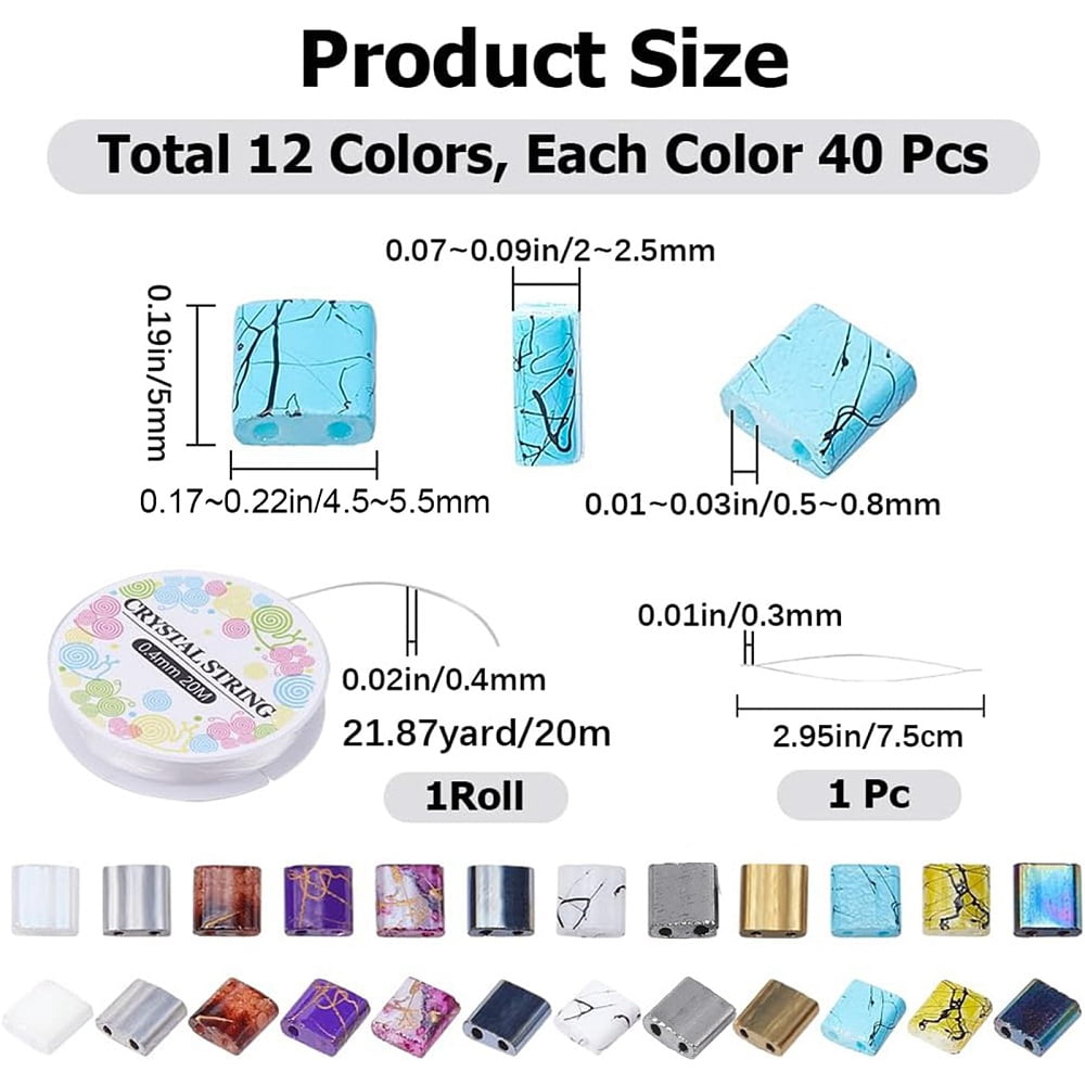 DIY Tile Bracelet Making Kit Including 2-Hole Rectangle Glass Beads Big Eye Beading Needles Elastic Thread Mixed Color Beads: 5x4.5~5.5x2~2.5mm