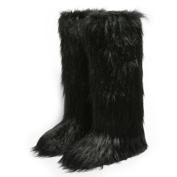 Women's Winter Solid Color Fluffy Faux Fur Knee High Snow Boots Girls's Outdoor Plush Warm Furry Long Boots Big Size