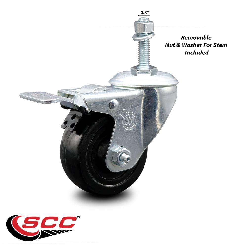 3 Inch Hard Rubber Wheel Swivel 3/8 Inch Threaded Stem Caster Total Lock Brake