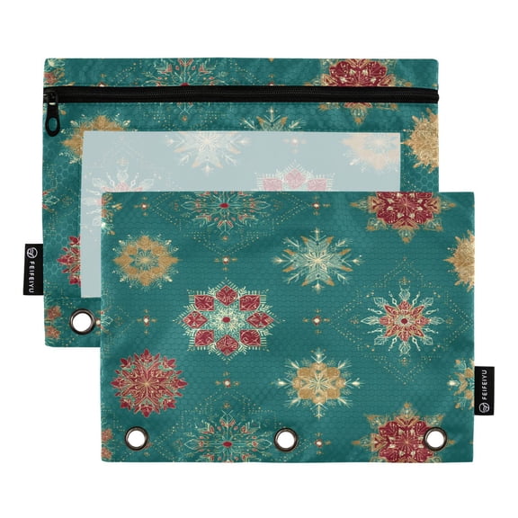 Elegant Snowflake Pattern Christmas Binder Pouches Zipper Pocket Document Storage 3 Rings 2 Packs A5 Size