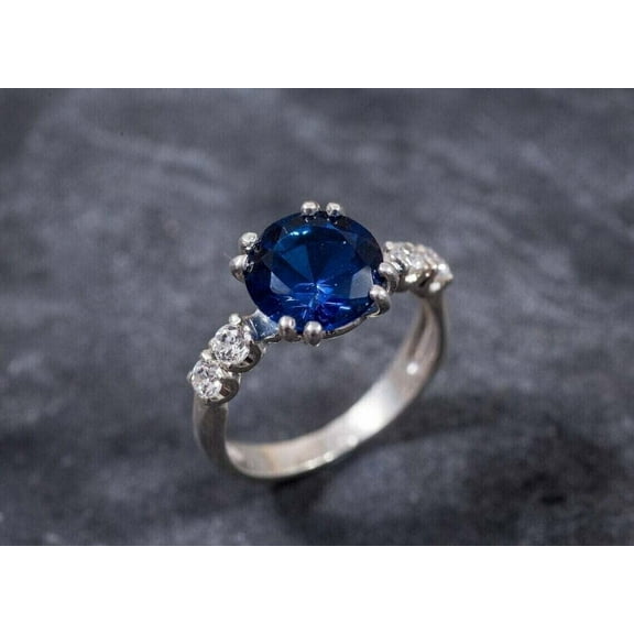 2Ct Round Lab Created Blue Sapphire Wedding Ring 14K White Gold Plated Silver
