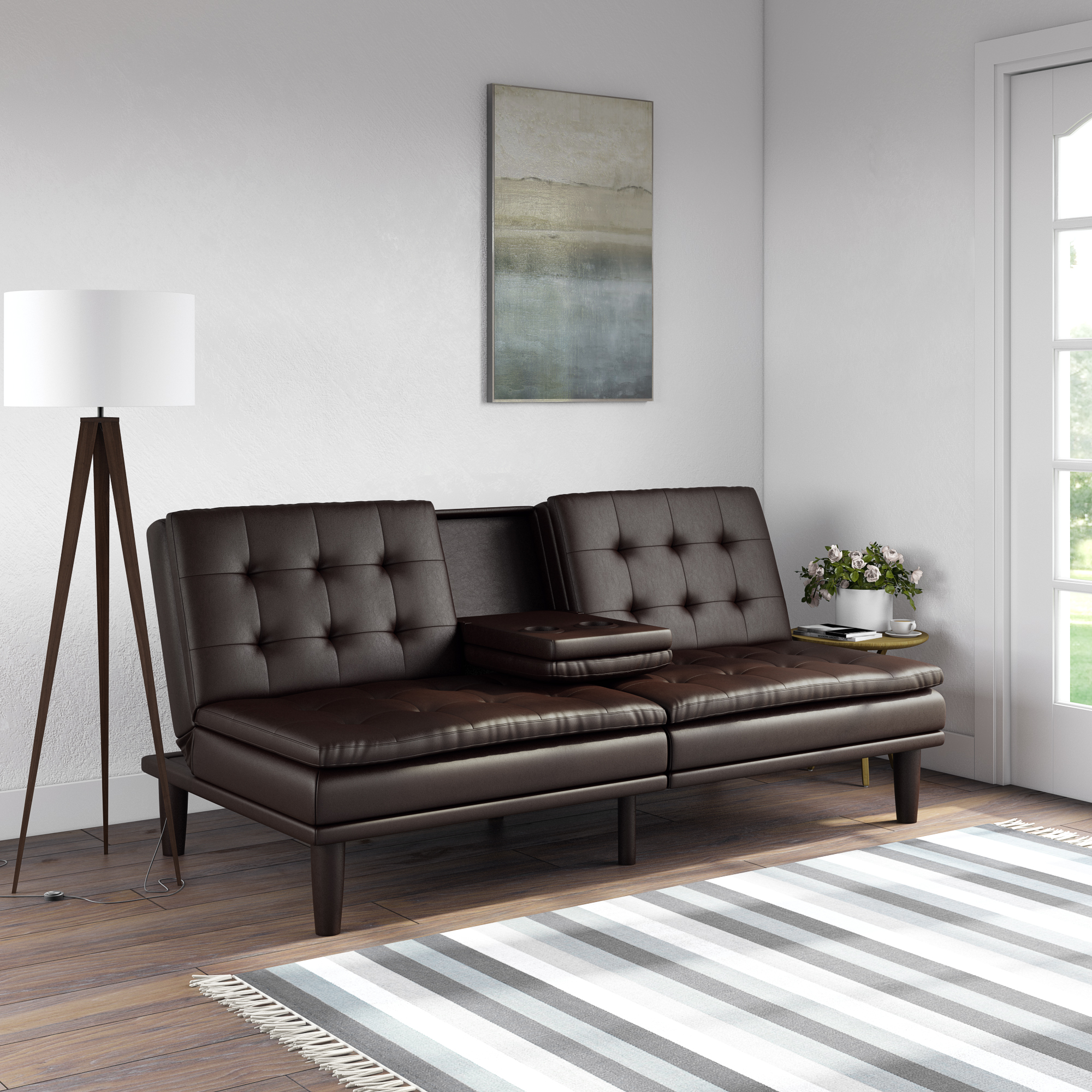 Memory Foam Sofa Bed Couch Convertible Futon Leather Cup Holder