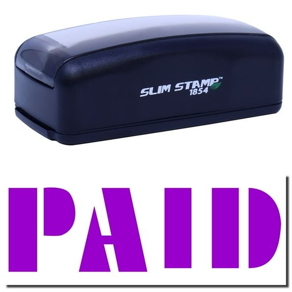 Large Pre-Inked Bold Paid Stamp, Slim 1854, Ultra Slim Design, Impression Size 1-13/16" by 2-1/2", Up to 25,000 Impressions - Purple Ink