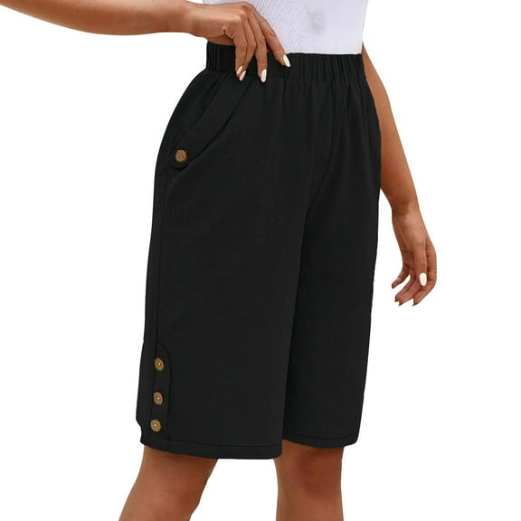 Gauze Shorts for Women, Audhol Womens Pants Casual Cropped Pants Elastic Waist Summer Trousers 3/4 Length Pants Plus Size Linen Shorts Black L