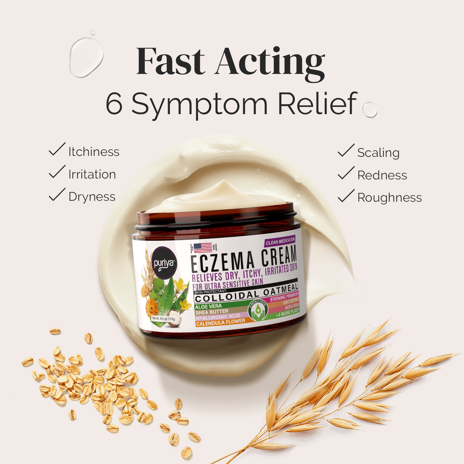 Puriya 5-in-1 Eczema Cream for Kids, Baby, Toddler, Adults, Advanced Colloidal Oatmeal Lotion for Dry, Itchy Skin Relief on Face and Body, Clinically Tested, Intensive Moisturizing Eczema Treatment