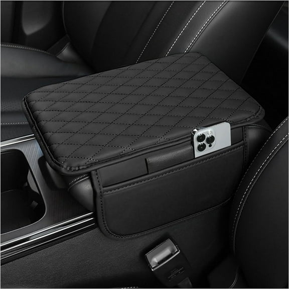 GrowAlong Universal Car Center Console Armrest Cover for Vehicle, Black PU Leather Pad Protector with 2 Storage Bags