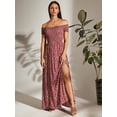 thumbnail image 4 of Burgundy Off Shoulder Shirred Bodice Ditsy Floral Maxi Dress With Side Slit, 4 of 6