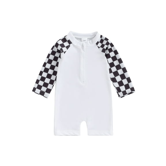 Hirigin Toddler Baby Boy Swimsuit Checkered One Piece Swimwear Long Sleeve Zipper Rash Guard Beach Bathing Suit