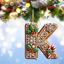 HCBY 26 Gingerbread Alphabet Ornaments for Christmas Tree Candy Cane Initial Letter B Pendant with Berries Pattern Mini Monogram Hanging Decorations for Party Gifts DIY Decor(K,3.1")
