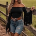 thumbnail image 2 of Womens Blouses Western Cowboy Style Lightweight Tassel Edge T Shirt Short Retro Shirt One Shoulder T Shirt, 2 of 6