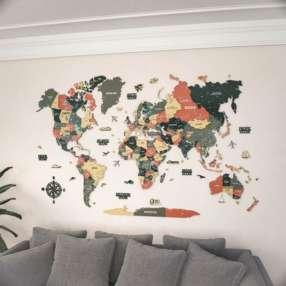 ColorfullWorlds 3D Wooden World Map Wall Art Large Wood Wall Decor Travel Map for Home & Office with Push Pins (Sage, Medium)