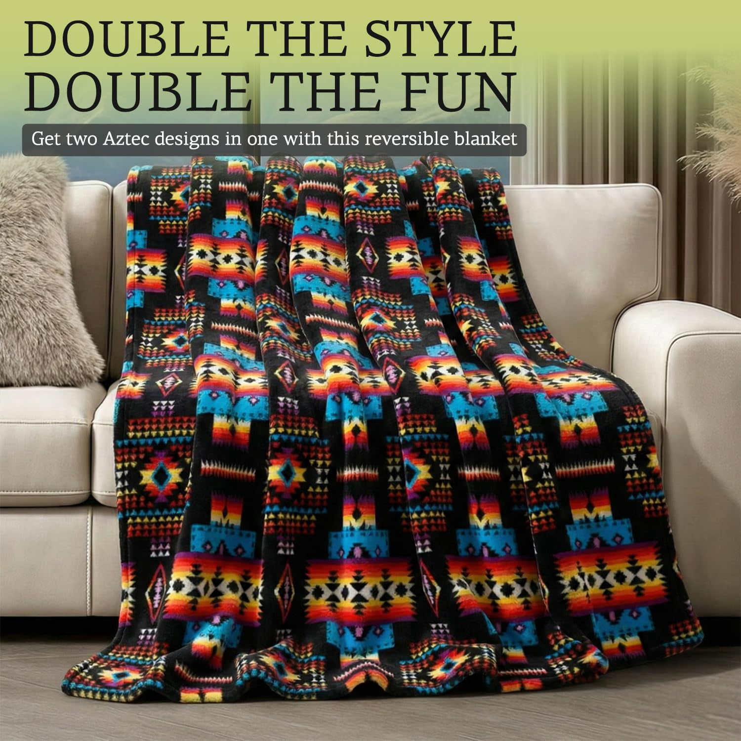 Sacred Thread Fleece Blanket South Western, Reversible Mexican, Vibrant Aztec Blankets and Throws for Aztec Decor for Home (Lake Flannel / Flannel) (Queen (79''x95'')