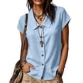 thumbnail image 6 of VBVC Women's Cotton Linen Button Down Shirts, Ladies' Peter Pan Collar Short Sleeve Blouses, Summer Office Work Tunic Tops For Women, Light Blue , S-2XL, 6 of 9