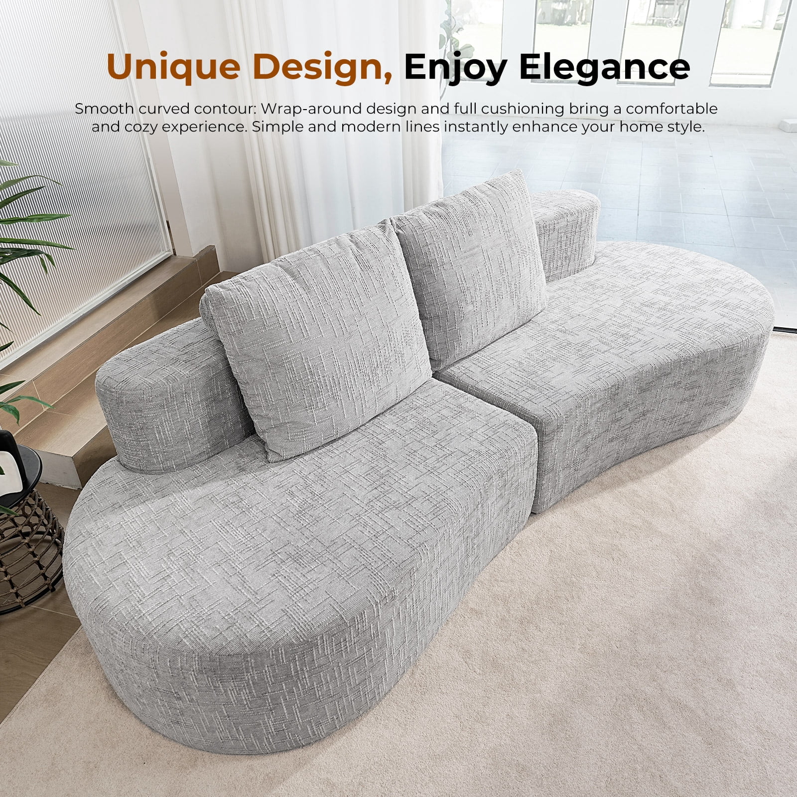 Patbrela 98" Modern Art Sofa Oversized Curved Couch, 38 Inch Extra Deep Seating Upholstered Sofa for Living Room, Office & Apartment, Linen Upholstery, No Assembly, Light Gray